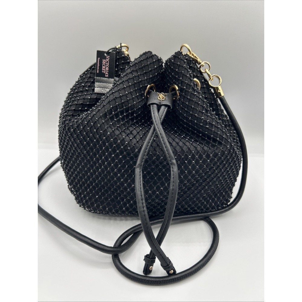 Victoria's Secret Black Crossbody Purse S Bucket Bag Sparkling Gold Hardware NWT